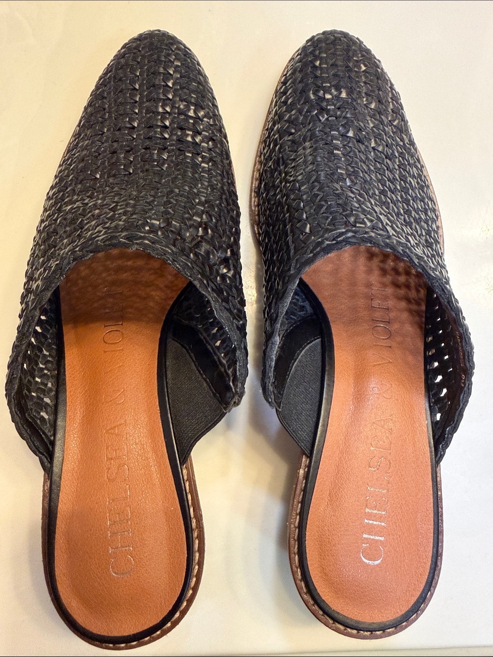 Chelsea & Violet Black Woven Slip-On Mules with Tan Insole